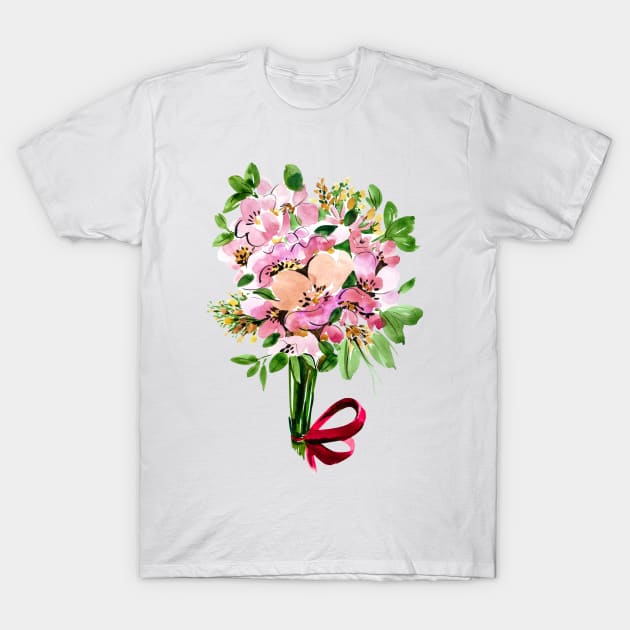 Pink Flowers Bouquet with red ribbon, watercolor T-Shirt by IngaDesign